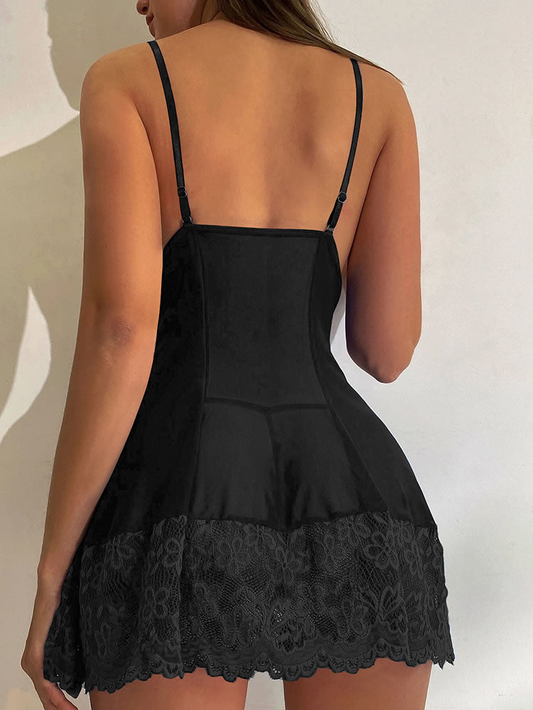 Contrast Lace Mesh Bow Front Babydoll Dress & Thong