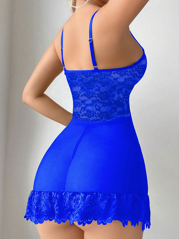 Lace Patchwork Sheer Wireless Sexy Lingerie Babydoll Dress And Thong Set