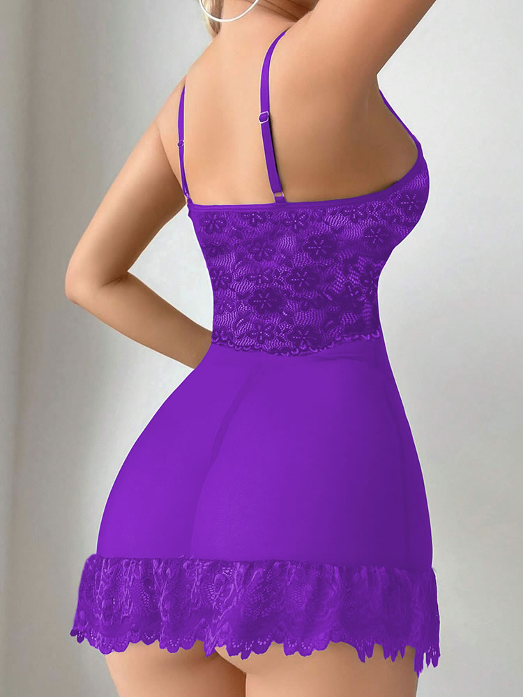 Lace Patchwork Sheer Wireless Sexy Lingerie Babydoll Dress And Thong Set