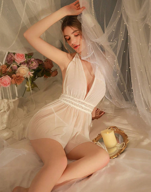 Pure Desire Contrast Lace Mesh Babydoll Dress With Thong