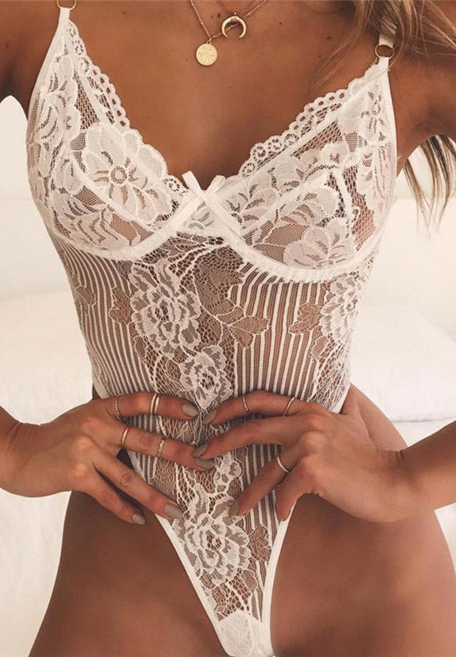 Sexy Deep V Neck Flower Lace Bodysuit